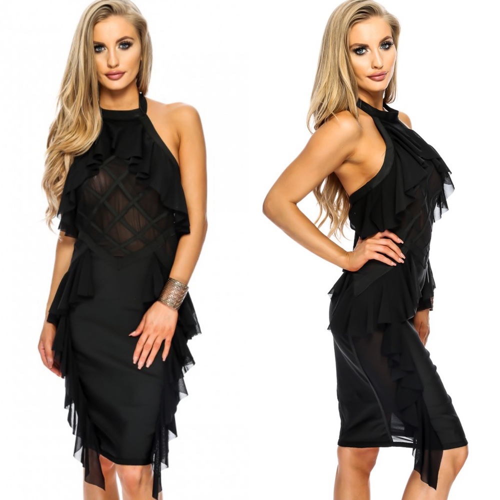 Ruffled High Neck Bandage Dress - Picture 1 of 7